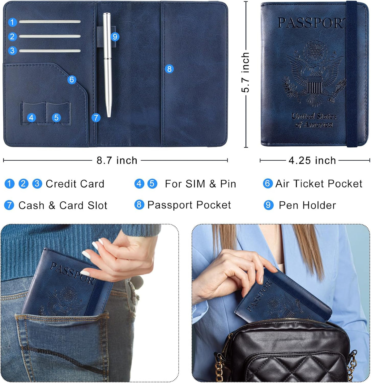 RFID BLOCKING Passport Holder Travel Wallet - Premium PU Leather Cover Passport book with Card Holder, Pen Slot, Keep Organization, and Travel Essentials for Women and Men, Blossom