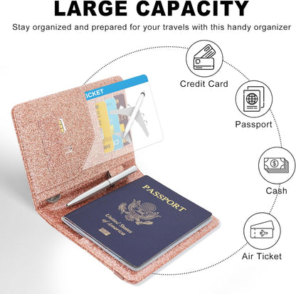 RFID BLOCKING Passport Holder Travel Wallet - Premium PU Leather Cover Passport book with Card Holder, Pen Slot, Keep Organization, and Travel Essentials for Women and Men, Blossom