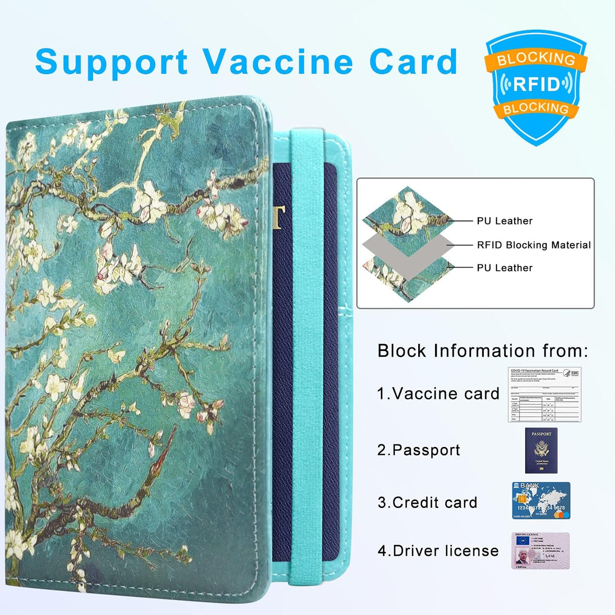 RFID BLOCKING Passport Holder Travel Wallet - Premium PU Leather Cover Passport book with Card Holder, Pen Slot, Keep Organization, and Travel Essentials for Women and Men, Blossom