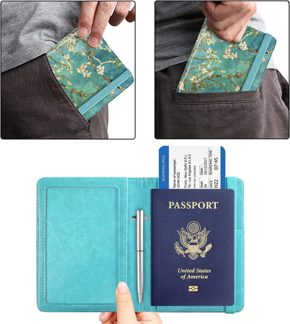 RFID BLOCKING Passport Holder Travel Wallet - Premium PU Leather Cover Passport book with Card Holder, Pen Slot, Keep Organization, and Travel Essentials for Women and Men, Blossom