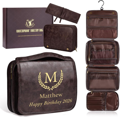 Personalized Gifts for Men Hanging Toiletry Bag, Custom Waterproof PU Leather Dopp Kit with Laser Engraved Name, 3-in-1 Detachable Shaving Bag Gifts for Husband Dad Groomsmen Dark Brown