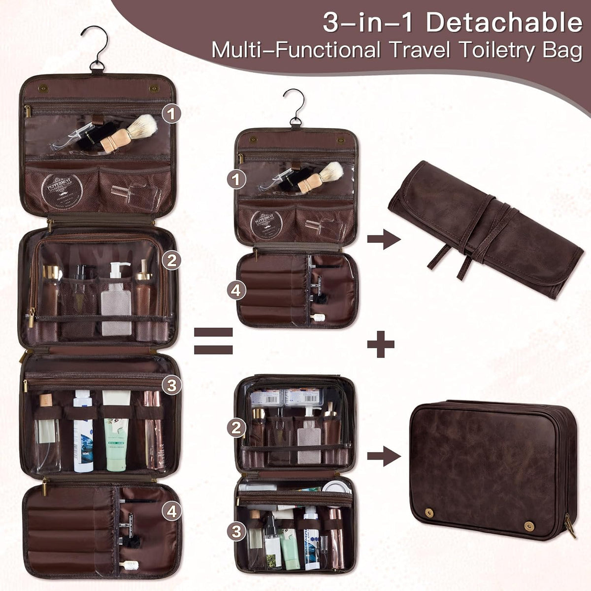 Personalized Gifts for Men Hanging Toiletry Bag, Custom Waterproof PU Leather Dopp Kit with Laser Engraved Name, 3-in-1 Detachable Shaving Bag Gifts for Husband Dad Groomsmen Dark Brown