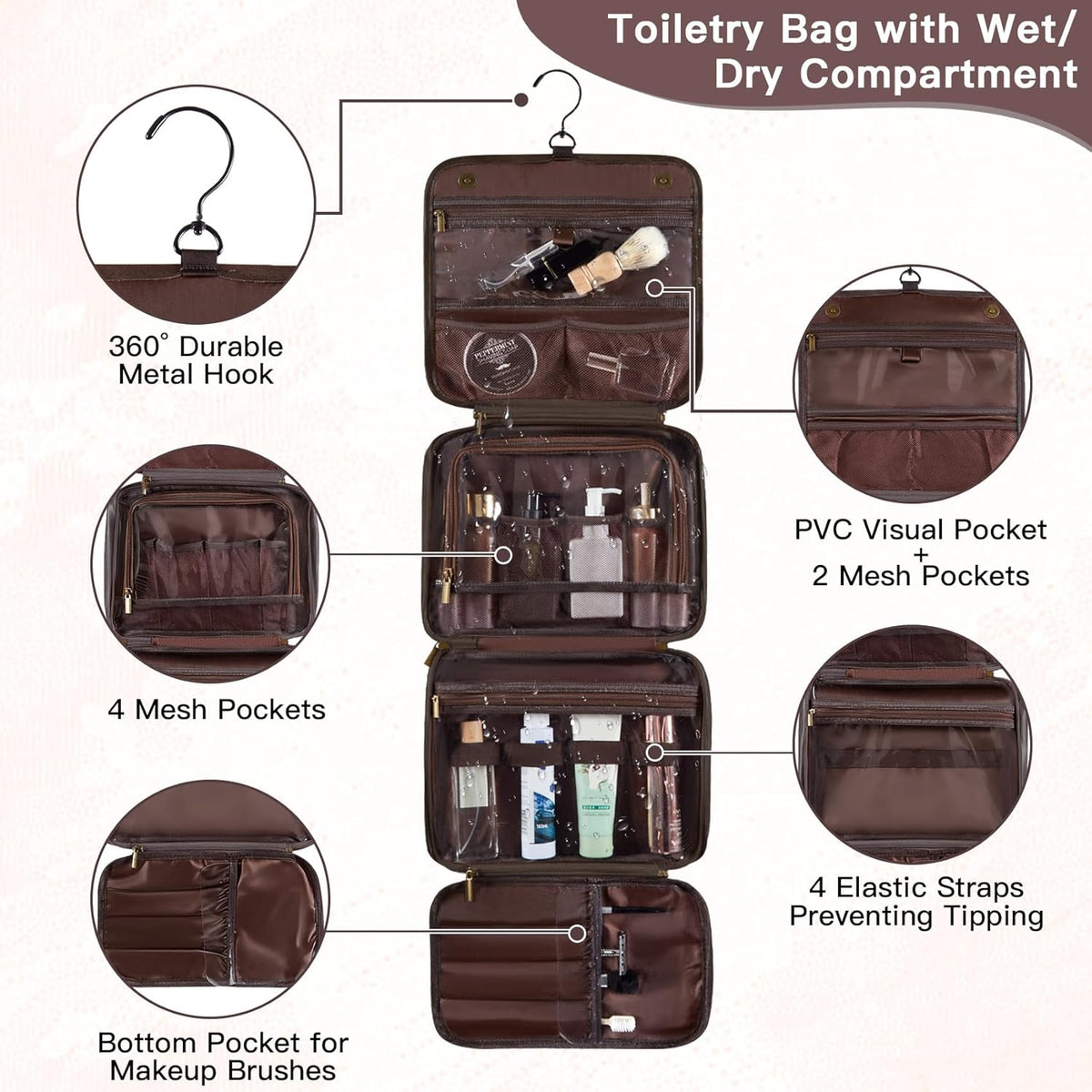 Personalized Gifts for Men Hanging Toiletry Bag, Custom Waterproof PU Leather Dopp Kit with Laser Engraved Name, 3-in-1 Detachable Shaving Bag Gifts for Husband Dad Groomsmen Dark Brown