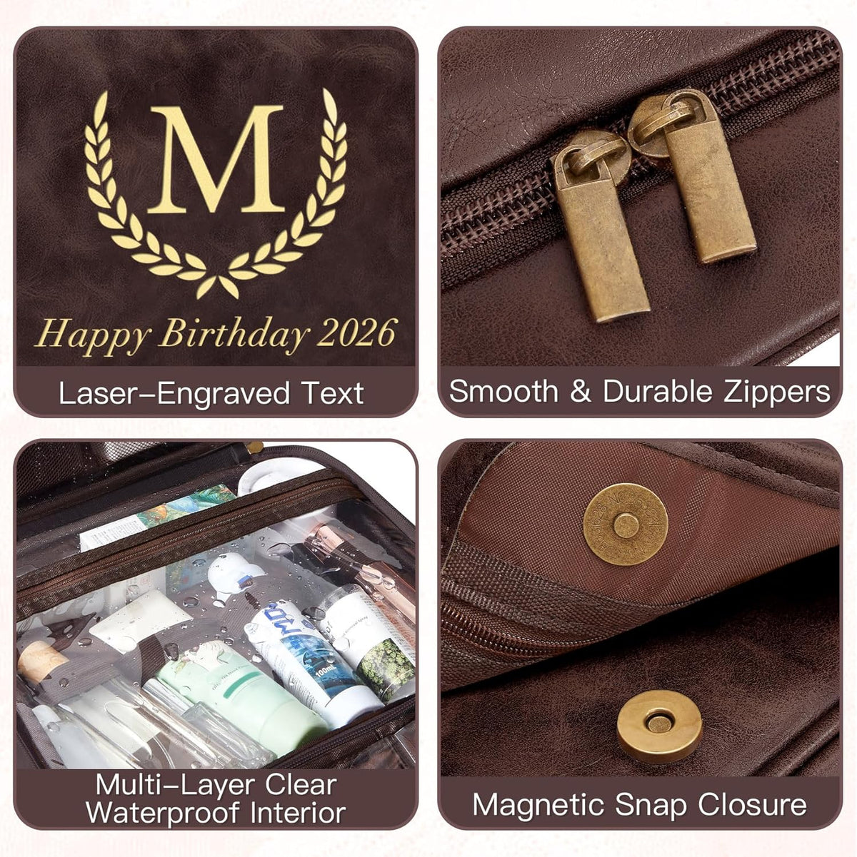 Personalized Gifts for Men Hanging Toiletry Bag, Custom Waterproof PU Leather Dopp Kit with Laser Engraved Name, 3-in-1 Detachable Shaving Bag Gifts for Husband Dad Groomsmen Dark Brown
