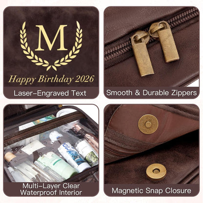 Personalized Gifts for Men Hanging Toiletry Bag, Custom Waterproof PU Leather Dopp Kit with Laser Engraved Name, 3-in-1 Detachable Shaving Bag Gifts for Husband Dad Groomsmen Dark Brown