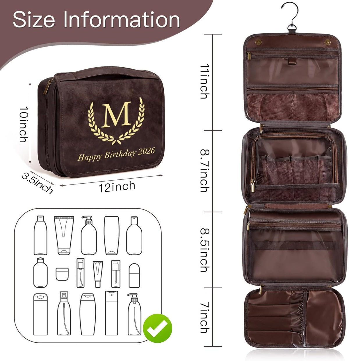 Personalized Gifts for Men Hanging Toiletry Bag, Custom Waterproof PU Leather Dopp Kit with Laser Engraved Name, 3-in-1 Detachable Shaving Bag Gifts for Husband Dad Groomsmen Dark Brown