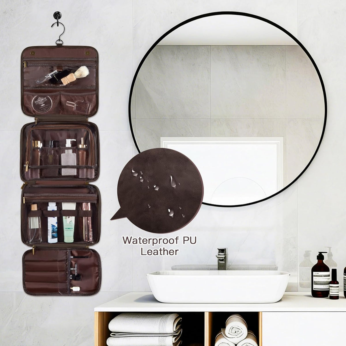 Personalized Gifts for Men Hanging Toiletry Bag, Custom Waterproof PU Leather Dopp Kit with Laser Engraved Name, 3-in-1 Detachable Shaving Bag Gifts for Husband Dad Groomsmen Dark Brown