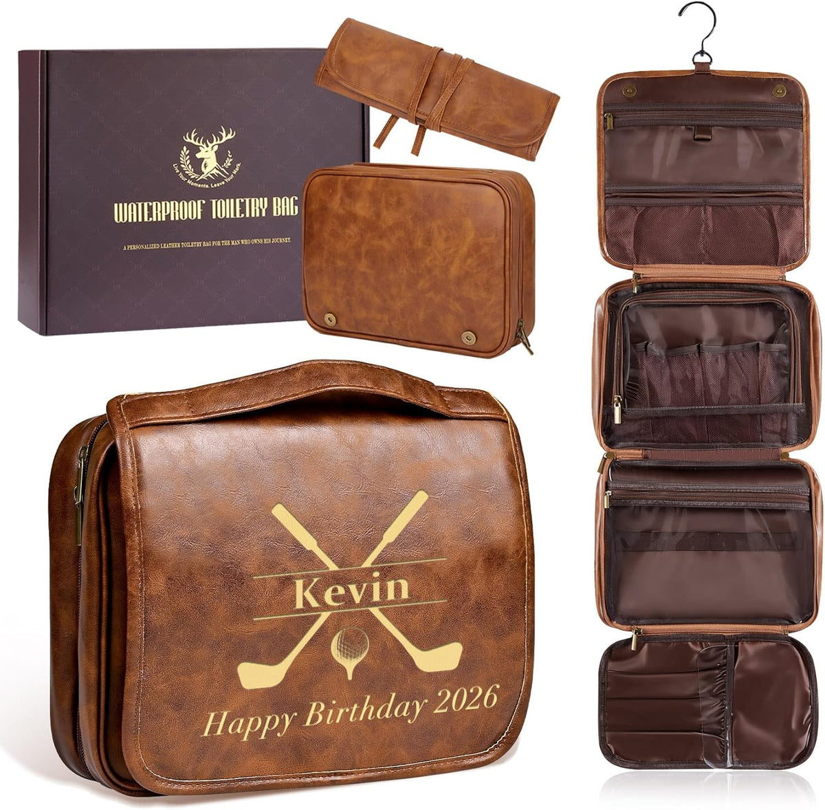 Personalized Gifts for Men Hanging Toiletry Bag, Custom Waterproof PU Leather Dopp Kit with Laser Engraved Name, 3-in-1 Detachable Shaving Bag Gifts for Husband Dad Groomsmen Dark Brown