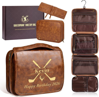 Personalized Gifts for Men Hanging Toiletry Bag, Custom Waterproof PU Leather Dopp Kit with Laser Engraved Name, 3-in-1 Detachable Shaving Bag Gifts for Husband Dad Groomsmen Dark Brown