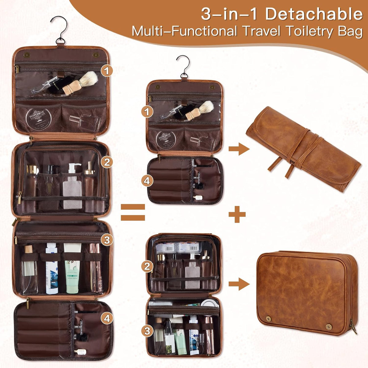 Personalized Gifts for Men Hanging Toiletry Bag, Custom Waterproof PU Leather Dopp Kit with Laser Engraved Name, 3-in-1 Detachable Shaving Bag Gifts for Husband Dad Groomsmen Dark Brown