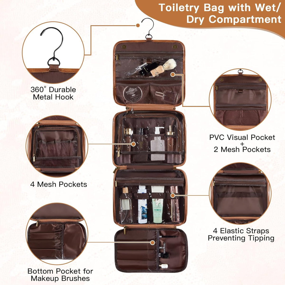 Personalized Gifts for Men Hanging Toiletry Bag, Custom Waterproof PU Leather Dopp Kit with Laser Engraved Name, 3-in-1 Detachable Shaving Bag Gifts for Husband Dad Groomsmen Dark Brown