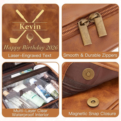 Personalized Gifts for Men Hanging Toiletry Bag, Custom Waterproof PU Leather Dopp Kit with Laser Engraved Name, 3-in-1 Detachable Shaving Bag Gifts for Husband Dad Groomsmen Dark Brown