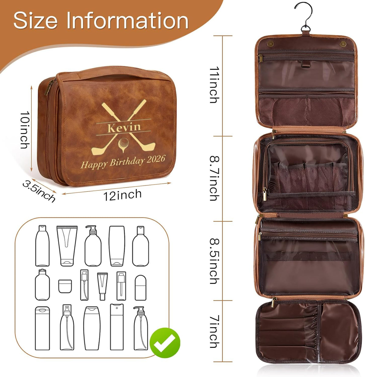 Personalized Gifts for Men Hanging Toiletry Bag, Custom Waterproof PU Leather Dopp Kit with Laser Engraved Name, 3-in-1 Detachable Shaving Bag Gifts for Husband Dad Groomsmen Dark Brown