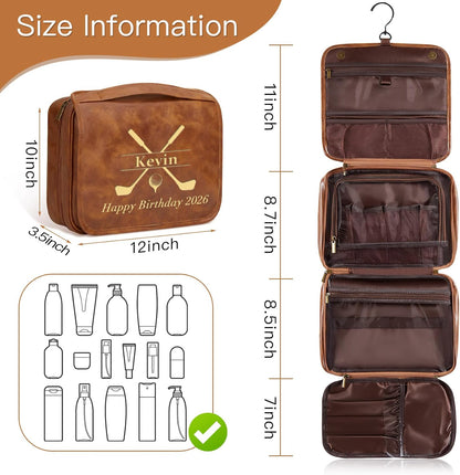 Personalized Gifts for Men Hanging Toiletry Bag, Custom Waterproof PU Leather Dopp Kit with Laser Engraved Name, 3-in-1 Detachable Shaving Bag Gifts for Husband Dad Groomsmen Dark Brown