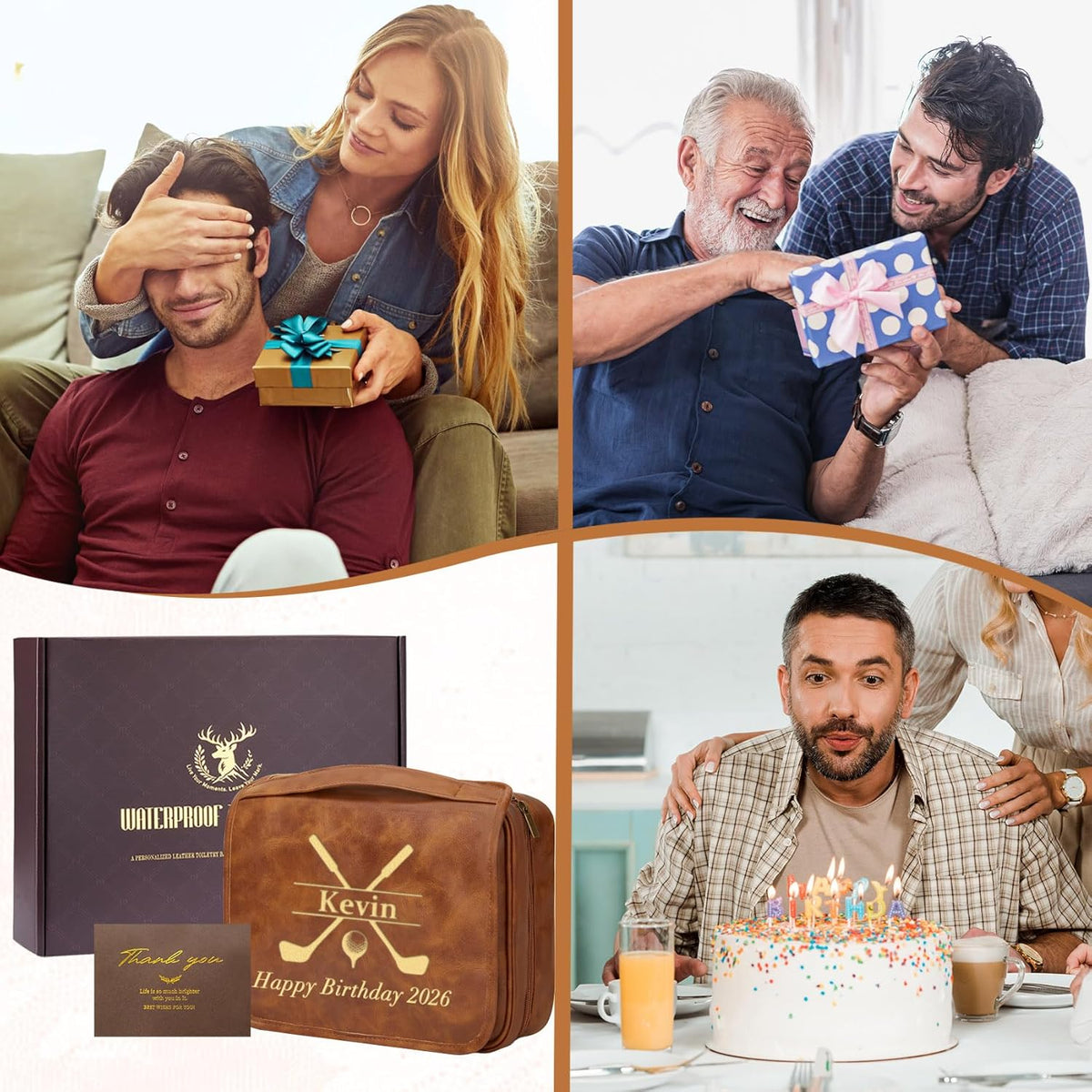 Personalized Gifts for Men Hanging Toiletry Bag, Custom Waterproof PU Leather Dopp Kit with Laser Engraved Name, 3-in-1 Detachable Shaving Bag Gifts for Husband Dad Groomsmen Dark Brown