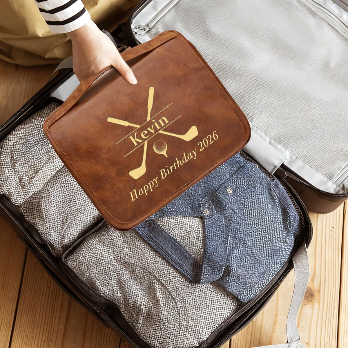 Personalized Gifts for Men Hanging Toiletry Bag, Custom Waterproof PU Leather Dopp Kit with Laser Engraved Name, 3-in-1 Detachable Shaving Bag Gifts for Husband Dad Groomsmen Dark Brown