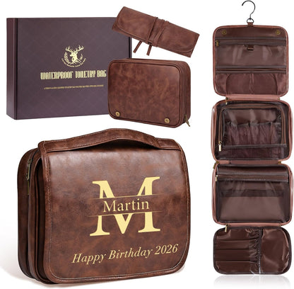 Personalized Gifts for Men Hanging Toiletry Bag, Custom Waterproof PU Leather Dopp Kit with Laser Engraved Name, 3-in-1 Detachable Shaving Bag Gifts for Husband Dad Groomsmen Dark Brown