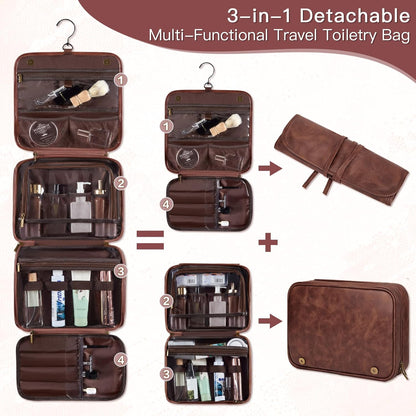 Personalized Gifts for Men Hanging Toiletry Bag, Custom Waterproof PU Leather Dopp Kit with Laser Engraved Name, 3-in-1 Detachable Shaving Bag Gifts for Husband Dad Groomsmen Dark Brown