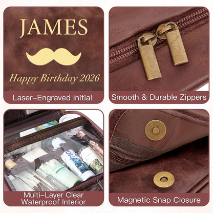 Personalized Gifts for Men Hanging Toiletry Bag, Custom Waterproof PU Leather Dopp Kit with Laser Engraved Name, 3-in-1 Detachable Shaving Bag Gifts for Husband Dad Groomsmen Dark Brown