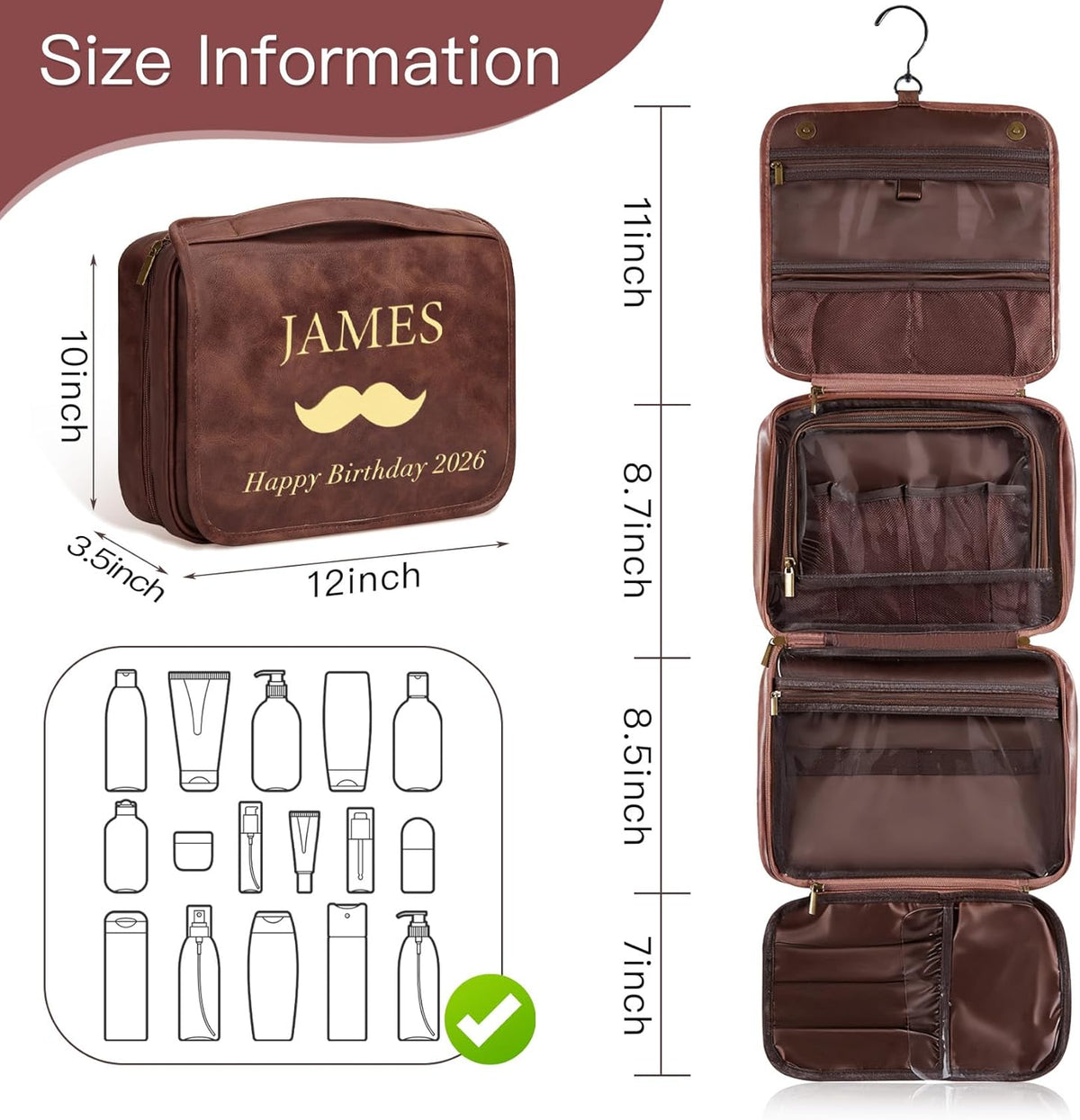 Personalized Gifts for Men Hanging Toiletry Bag, Custom Waterproof PU Leather Dopp Kit with Laser Engraved Name, 3-in-1 Detachable Shaving Bag Gifts for Husband Dad Groomsmen Dark Brown