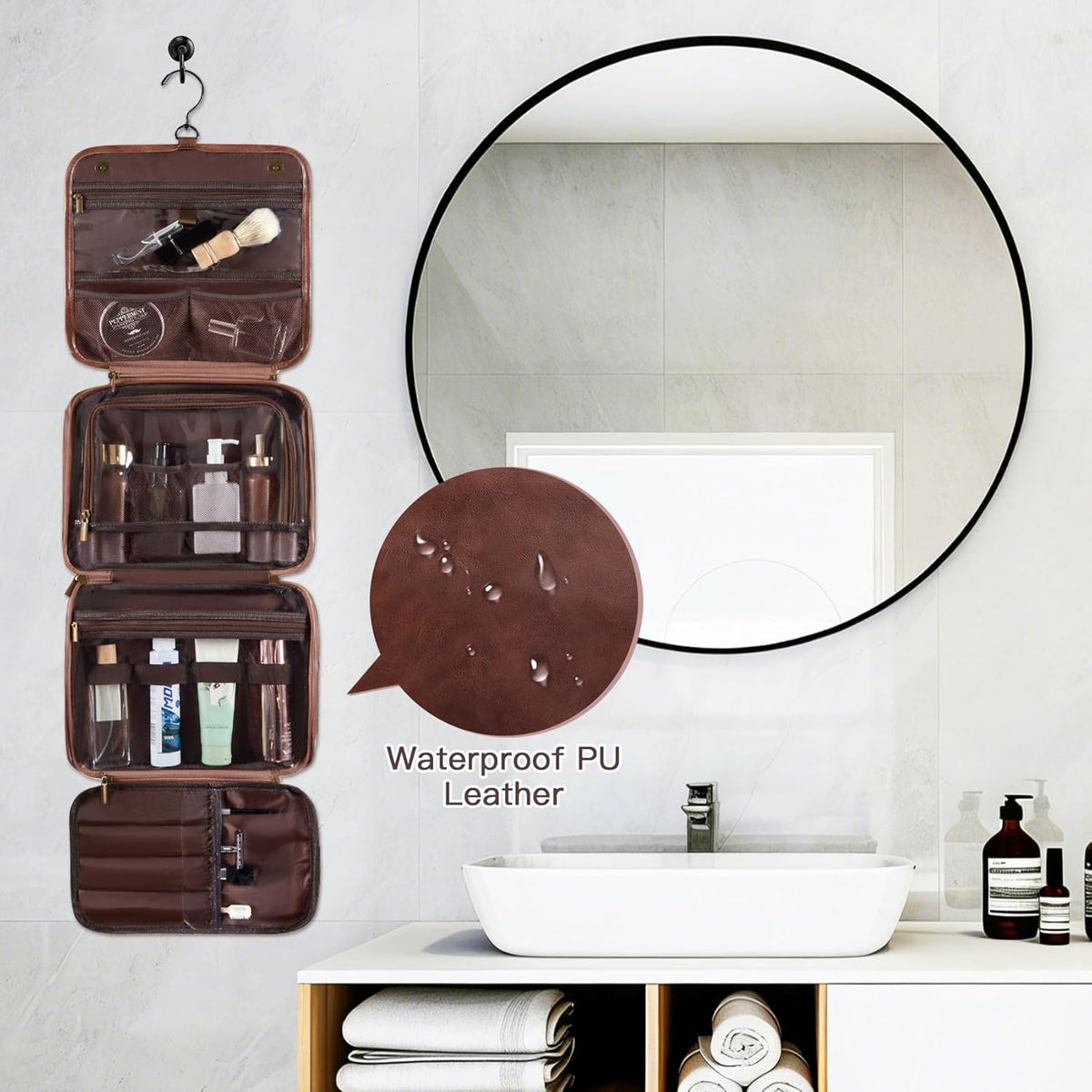 Personalized Gifts for Men Hanging Toiletry Bag, Custom Waterproof PU Leather Dopp Kit with Laser Engraved Name, 3-in-1 Detachable Shaving Bag Gifts for Husband Dad Groomsmen Dark Brown