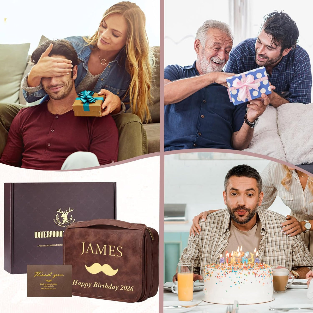 Personalized Gifts for Men Hanging Toiletry Bag, Custom Waterproof PU Leather Dopp Kit with Laser Engraved Name, 3-in-1 Detachable Shaving Bag Gifts for Husband Dad Groomsmen Dark Brown