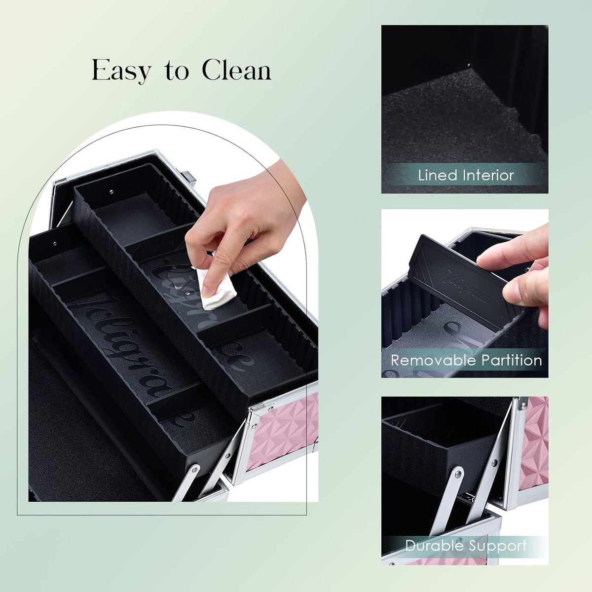 Makeup Train Case Professional Cosmetic Organizer Aluminum Storage Box with 4 Adjustable Dividers Trays Lockable Portable with Shoulder Strap