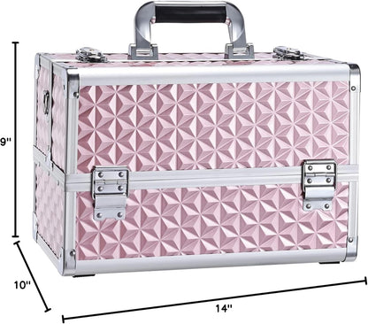 Makeup Train Case Professional Cosmetic Organizer Aluminum Storage Box with 4 Adjustable Dividers Trays Lockable Portable with Shoulder Strap