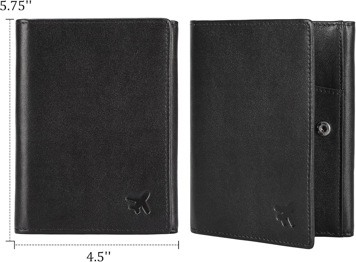 Polare Napa Leather Pilot Wallet Passport Holder RFID Blocking Tri-fold Travel Cover Document Organizer for Aviation Professionals (Black)