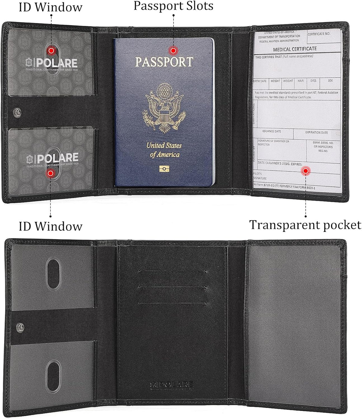 Polare Napa Leather Pilot Wallet Passport Holder RFID Blocking Tri-fold Travel Cover Document Organizer for Aviation Professionals (Black)