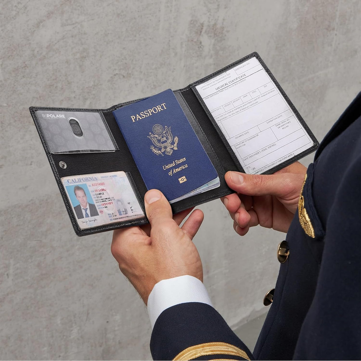 Polare Napa Leather Pilot Wallet Passport Holder RFID Blocking Tri-fold Travel Cover Document Organizer for Aviation Professionals (Black)