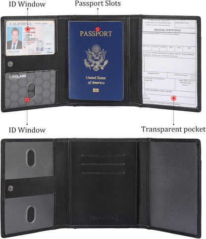 Polare Napa Leather Pilot Wallet Passport Holder RFID Blocking Tri-fold Travel Cover Document Organizer for Aviation Professionals (Black)