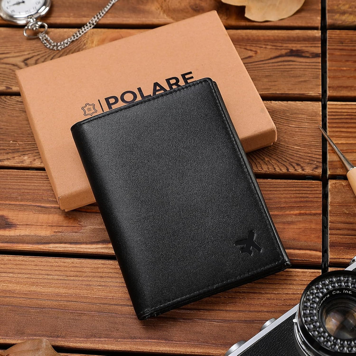 Polare Napa Leather Pilot Wallet Passport Holder RFID Blocking Tri-fold Travel Cover Document Organizer for Aviation Professionals (Black)