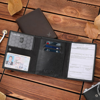 Polare Napa Leather Pilot Wallet Passport Holder RFID Blocking Tri-fold Travel Cover Document Organizer for Aviation Professionals (Black)