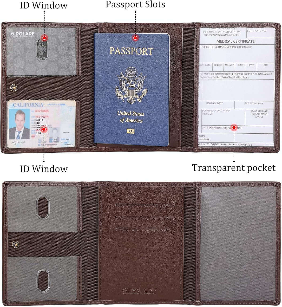 Polare Napa Leather Pilot Wallet Passport Holder RFID Blocking Tri-fold Travel Cover Document Organizer for Aviation Professionals (Black)