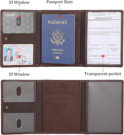 Polare Napa Leather Pilot Wallet Passport Holder RFID Blocking Tri-fold Travel Cover Document Organizer for Aviation Professionals (Black)