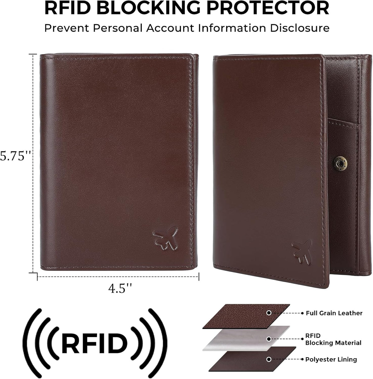 Polare Napa Leather Pilot Wallet Passport Holder RFID Blocking Tri-fold Travel Cover Document Organizer for Aviation Professionals (Black)