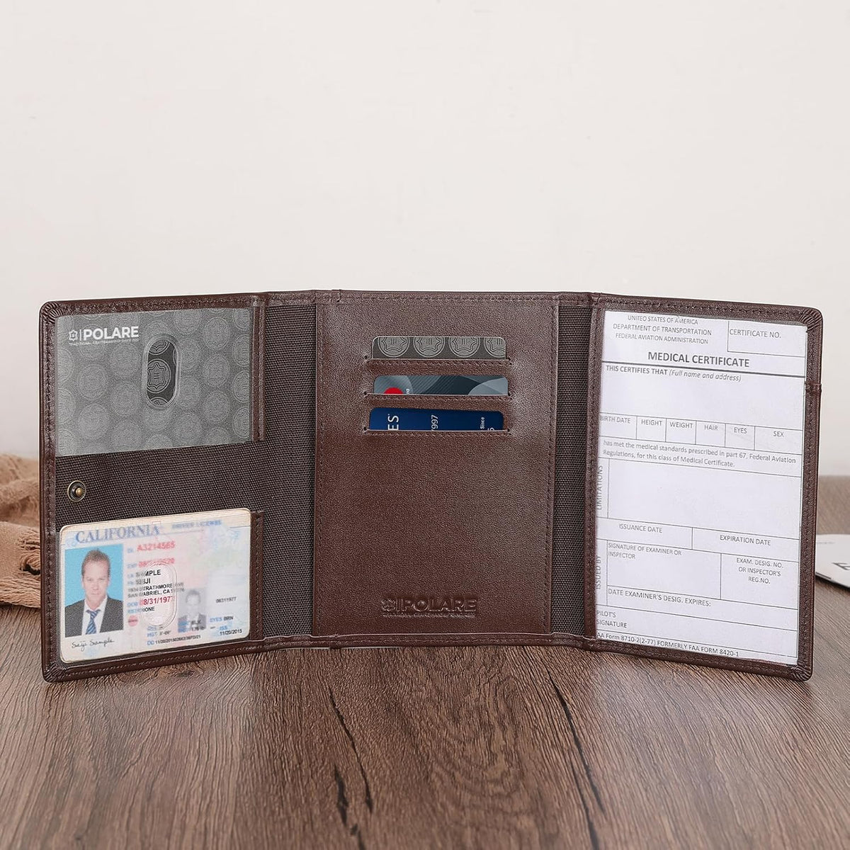Polare Napa Leather Pilot Wallet Passport Holder RFID Blocking Tri-fold Travel Cover Document Organizer for Aviation Professionals (Black)
