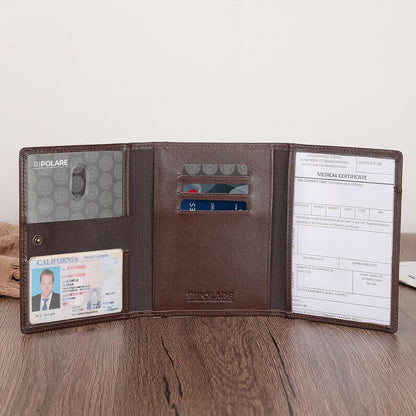 Polare Napa Leather Pilot Wallet Passport Holder RFID Blocking Tri-fold Travel Cover Document Organizer for Aviation Professionals (Black)