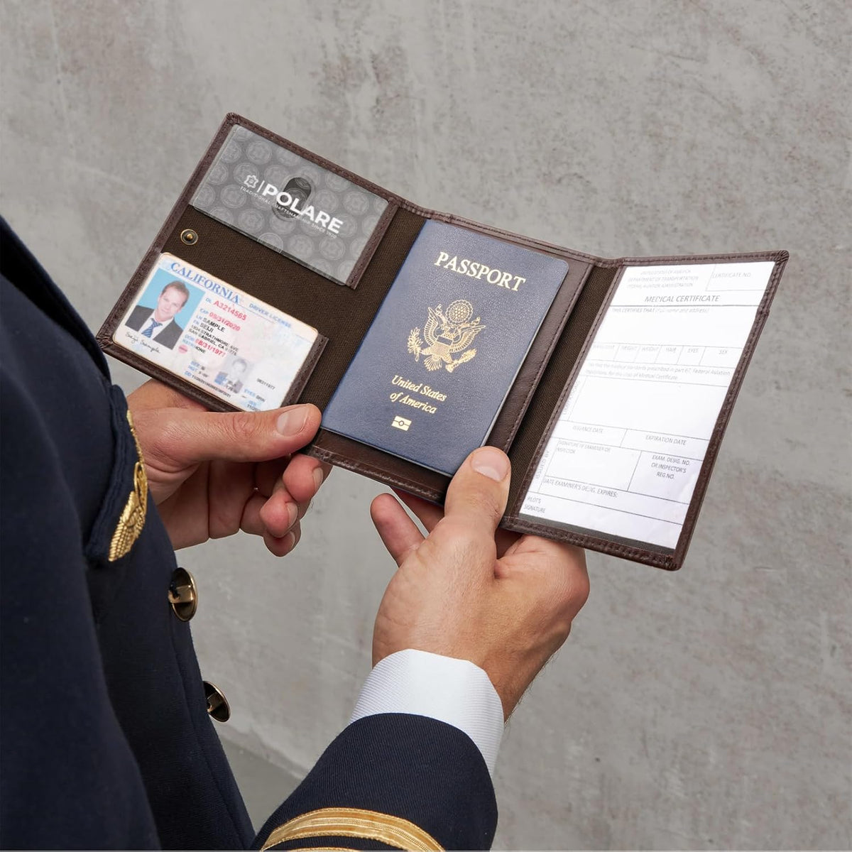 Polare Napa Leather Pilot Wallet Passport Holder RFID Blocking Tri-fold Travel Cover Document Organizer for Aviation Professionals (Black)