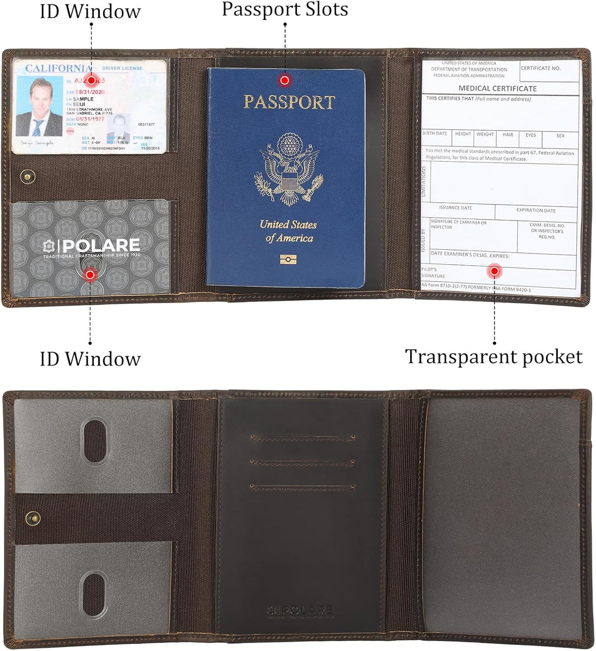 Polare Napa Leather Pilot Wallet Passport Holder RFID Blocking Tri-fold Travel Cover Document Organizer for Aviation Professionals (Black)