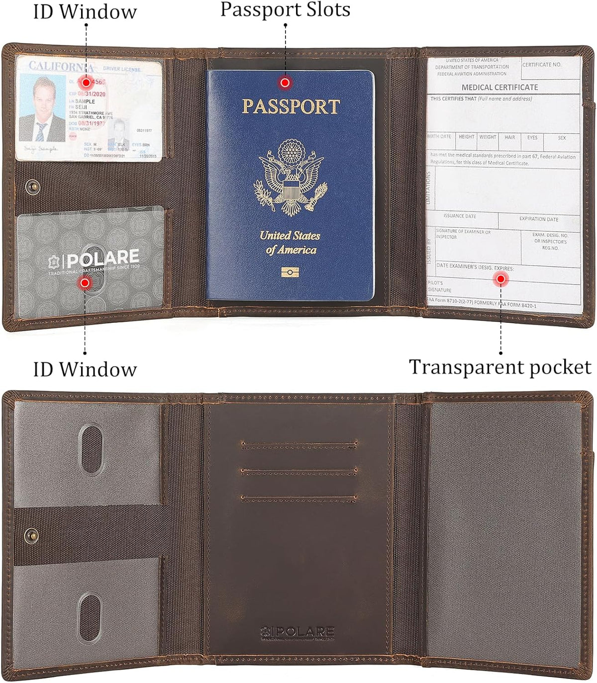 Polare Napa Leather Pilot Wallet Passport Holder RFID Blocking Tri-fold Travel Cover Document Organizer for Aviation Professionals (Black)