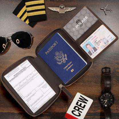 Polare Napa Leather Pilot Wallet Passport Holder RFID Blocking Tri-fold Travel Cover Document Organizer for Aviation Professionals (Black)
