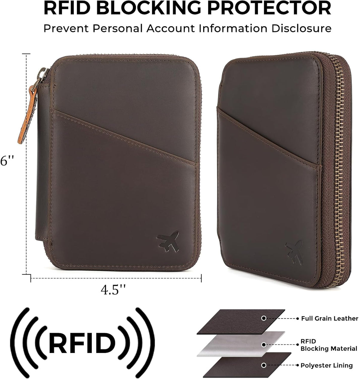 Polare Napa Leather Pilot Wallet Passport Holder RFID Blocking Tri-fold Travel Cover Document Organizer for Aviation Professionals (Black)