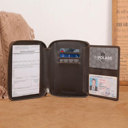 Polare Napa Leather Pilot Wallet Passport Holder RFID Blocking Tri-fold Travel Cover Document Organizer for Aviation Professionals (Black)