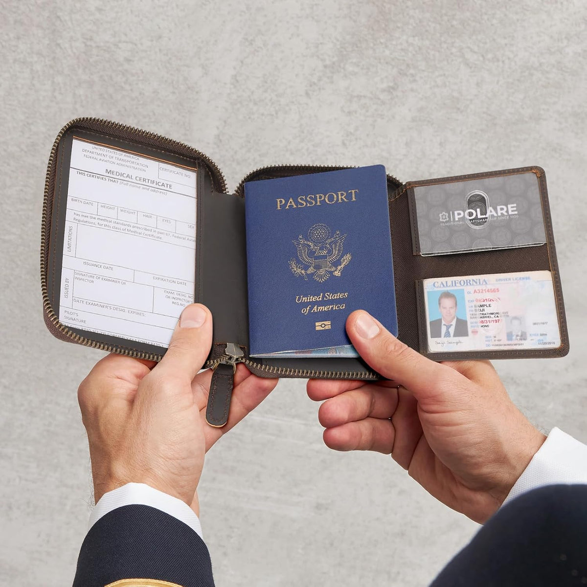 Polare Napa Leather Pilot Wallet Passport Holder RFID Blocking Tri-fold Travel Cover Document Organizer for Aviation Professionals (Black)