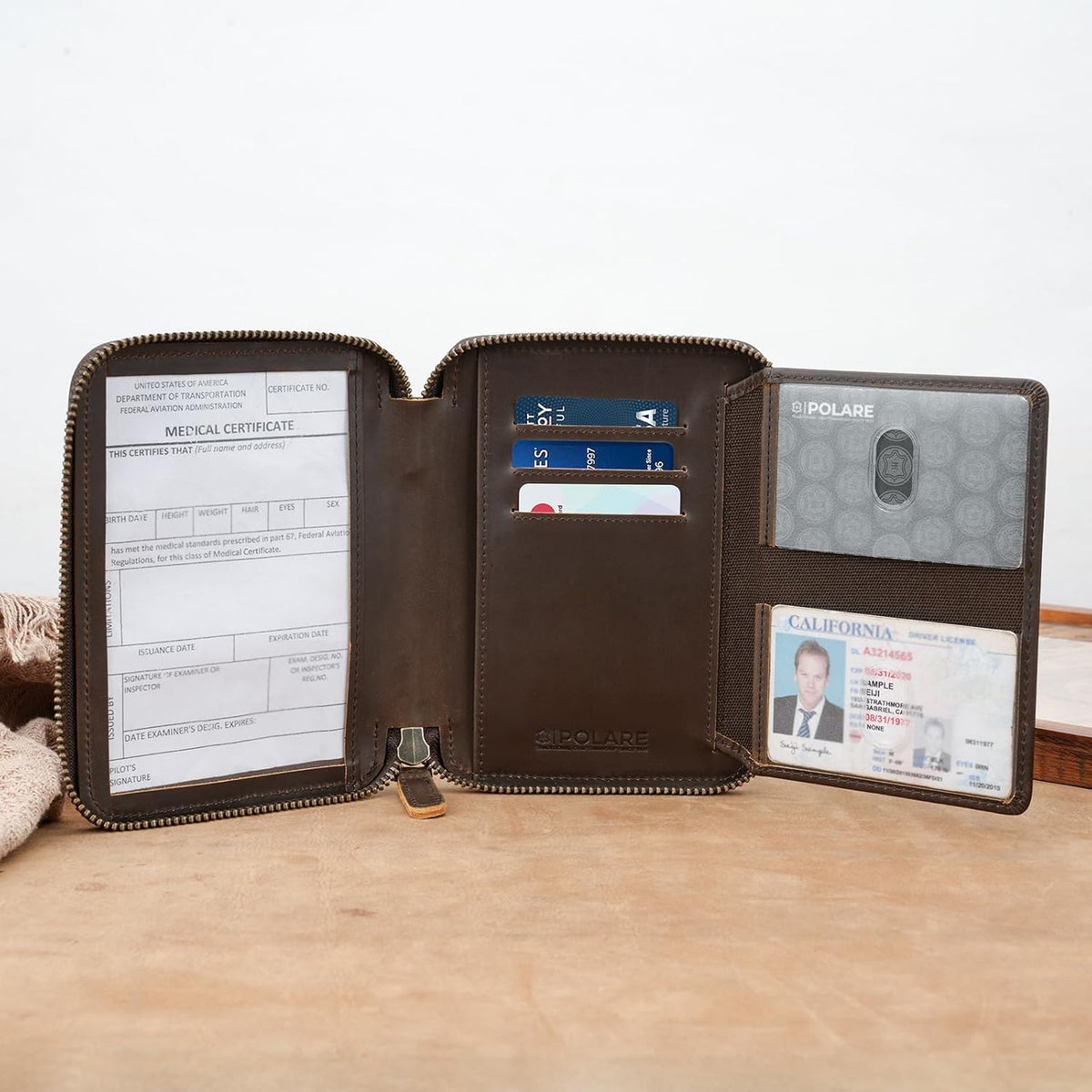 Polare Napa Leather Pilot Wallet Passport Holder RFID Blocking Tri-fold Travel Cover Document Organizer for Aviation Professionals (Black)