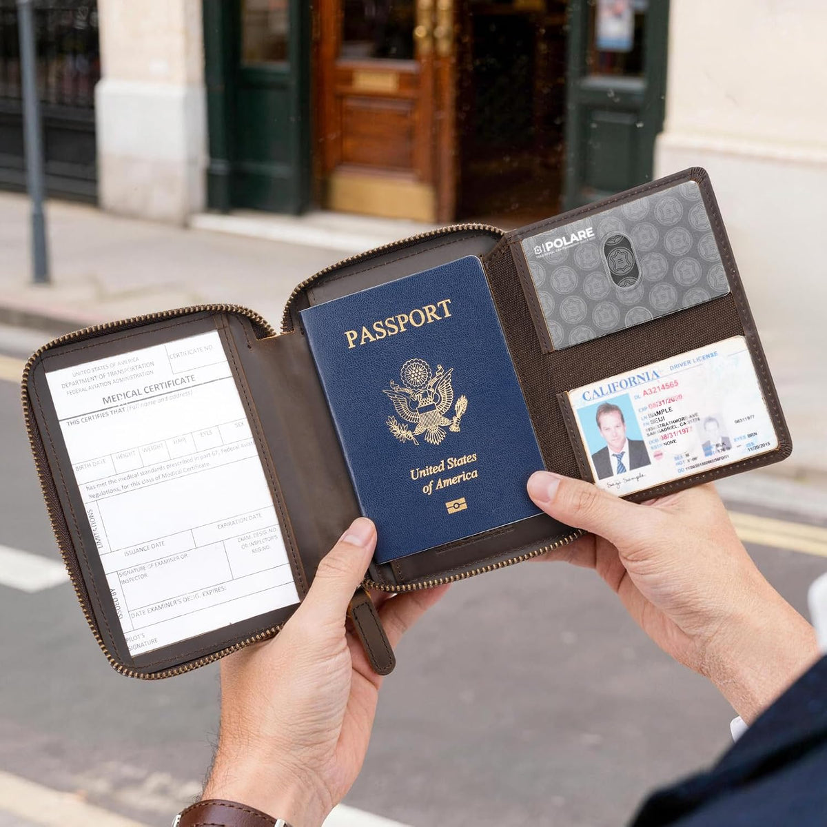 Polare Napa Leather Pilot Wallet Passport Holder RFID Blocking Tri-fold Travel Cover Document Organizer for Aviation Professionals (Black)