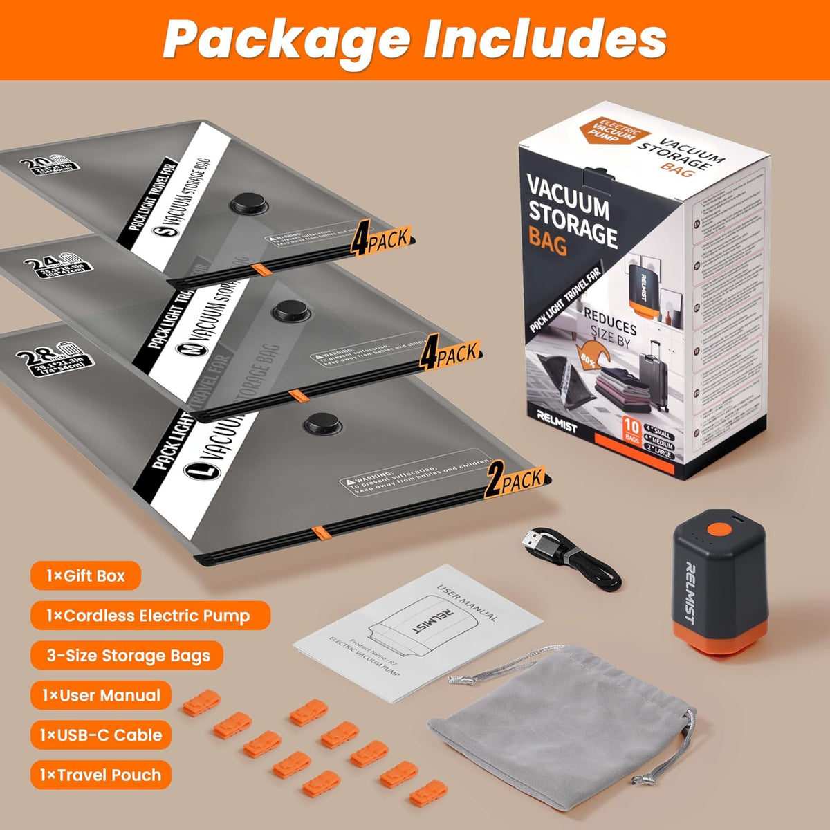 15 Pack Travel Vacuum Storage Bags with Portable Cordless Electric Pump | Vacuum Seal Bags for Clothing & Suitcase, Ideal for Business Trips, Cruise Vacations, RV Life, and Seasonal Storage.