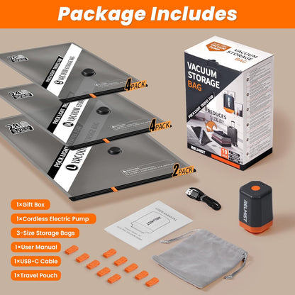 15 Pack Travel Vacuum Storage Bags with Portable Cordless Electric Pump | Vacuum Seal Bags for Clothing & Suitcase, Ideal for Business Trips, Cruise Vacations, RV Life, and Seasonal Storage.